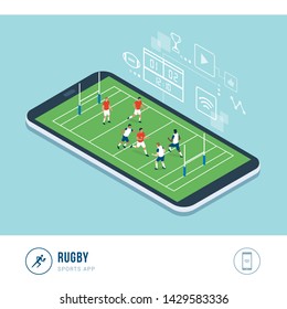 Professional sports competition: rugby players during a match, mobile app