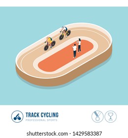 Professional Sports Competition: Track Cycling, Cyclists Riding A Bicycle During A Race