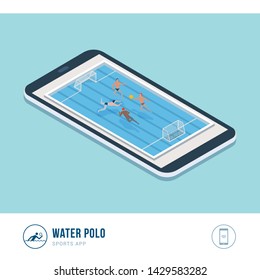 Professional sports competition: water polo players playing in the pool, mobile app