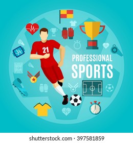 Professional sports flat icon set with sports equipment common elements and running footballer vector illustration