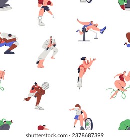 Professional sports, seamless pattern design. People athletes, endless background. Athletics, gymnastics, boxing, tennis and rugby, repeating print. Colored flat vector illustration for fabric