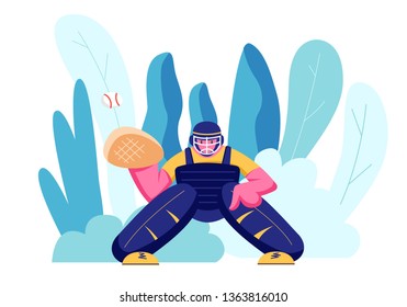 Professional Sportsman Baseball Player in Action on Stadium Waiting Ball from Pitcher. Male Catcher in Uniform and Helmet Watching Ball Trying to Catch it During Game. Cartoon Flat Vector Illustration