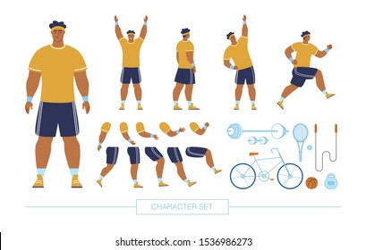 Professional Sportsman Character Constructor Isolated, Trendy Flat Design Elements Set. African American Athlete in Various Poses, Body Parts, Emotion Face Expressions, Sport Equipment Illustrations