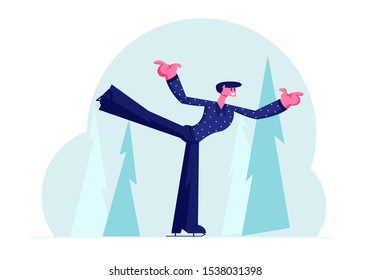 Professional Sportsman in Festive Suit Perform Figure Skating Program on Ice Rink. Man Dancing with Leg Up on Ice Outdoors Arena Training or Take Part in Tournament. Cartoon Flat Vector Illustration