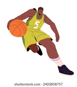 Professional sportsman plays on basketball match. Player of team game. Man in sport uniform is on forward or guard position running, rushing, dribbling ball. Flat isolated vector illustration on white