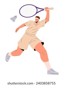 Professional sportsman plays racquet sport. Badminton player in uniform on game court. Athlete running, swings, hits shuttlecock with racket. Flat isolated vector illustration on white background