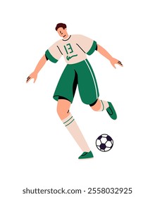 Professional sportsman plays soccer match. Football player runs, kicks, hits with foot, passes ball. Athlete in uniform training in sport game. Flat isolated vector illustration on white background