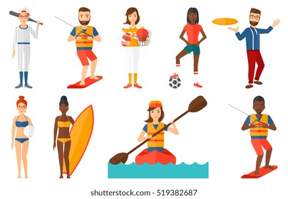 Professional sportsman wakeboarding. Wakeboarder making tricks. Man studying wakeboarding. Young sportsman riding wakeboard. Set of vector flat design illustrations isolated on white background.