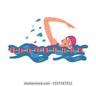 Professional Sportswoman Character Swimming in a Pool, Crawl Swimming Style, Active Healthy Lifestyle Vector Illustration