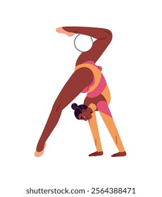 Professional sportswoman does element of rhythmic gymnastics with ball. Athlete practices, training with equipment. Girl performs in sport competition. Flat isolated vector illustration on white