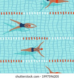 Deportista profesional, atletas mujeres nadando en la piscina sin fisuras. Pista de pool vista superior. Competencia de mujeres. Ilustración vectorial plana.