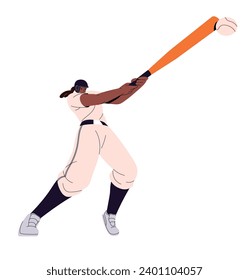 Professional sportswoman plays american baseball. Sport player of field game. Hitter in helmet swings, batter hits ball with bat. Softball match. Flat isolated vector illustration on white background