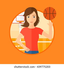 Professional sportswoman spinning basketball ball on her finger. Young basketball player standing on the basketball court. Vector flat design illustration in the circle isolated on background.