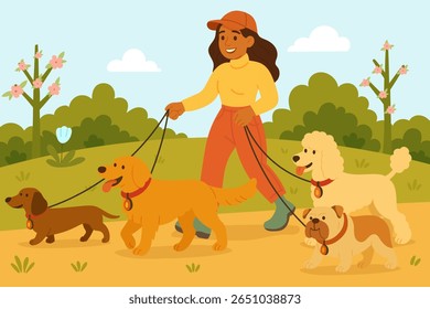 Profesional Perro de la primavera que camina por un andador de perro femenino joven con cuatro perros felices en un parque floreciente