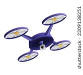 Professional spy drone with video camera and remote control. Wireless air copter with digital photo technology for police, military, delivery inspection. City rotory aircraft tech. Vector illustration