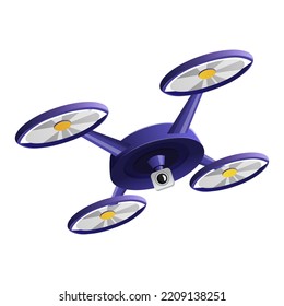 Professional spy drone with video camera and remote control. Wireless air copter with digital photo technology for police, military, delivery inspection. City rotory aircraft tech. Vector illustration