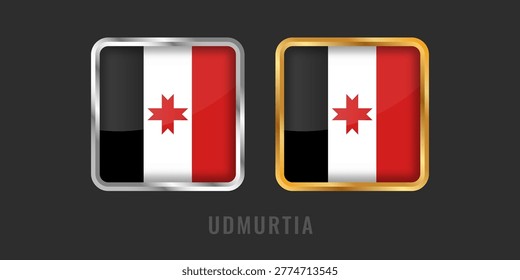 Professional square gold and silver labels featuring the flag of Udmurtia. High-quality emblems for regional products, manufacturing origin, and cultural identity.