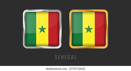 Professional square gold and silver labels featuring the flag of Senegal. Premium Senegalese icons for local products, manufacturing origin, and national export certification.