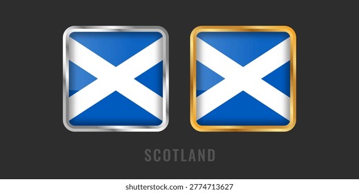 Professional square gold and silver labels with the flag of Scotland (Saltire). Premium Scottish emblems for local products, manufacturing origin, and Caledonian export certification.