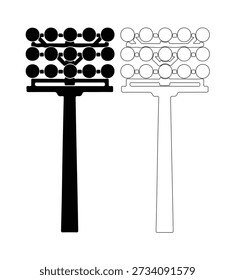 Professional stadium lighting tower icons, black silhouette and outline