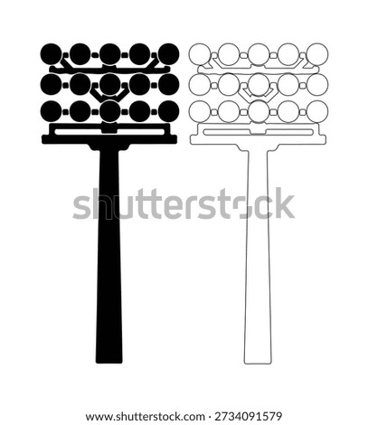 Professional stadium lighting tower icons, black silhouette and outline