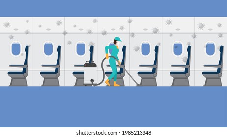 Professional staff cleans in risk area of inside aircraft's cabin. After the spread of the virus. The pandemic control plan for re-opening airline business after country quarantine. 