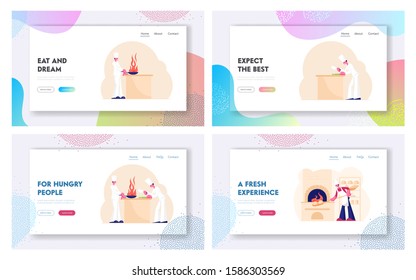 Professional Staff Cooking Website Landing Page. Chef Characters in White Uniform and Toque Prepare Food, Baker Put Bread into Oven. Cook Profession Web Page Banner. Cartoon Flat Vector Illustration