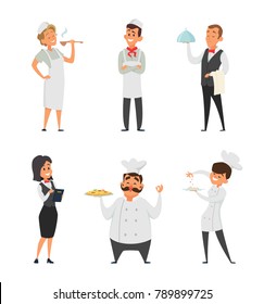 Personal profesional del restaurante. Cocina, camarero y otros personajes de dibujos animados. El chef y el mesero del servicio de restaurante. Ilustración del vector