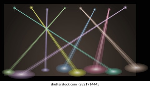 Professional stage lighting setup with several colored spotlights casting bright circles on ground. Artistic light beam composition for events.