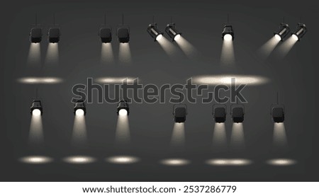 Professional stage spotlights with various beam configurations. Realistic 3d vector focused illumination patterns. Different mounting angles setup for performances and concerts lighting effects.
