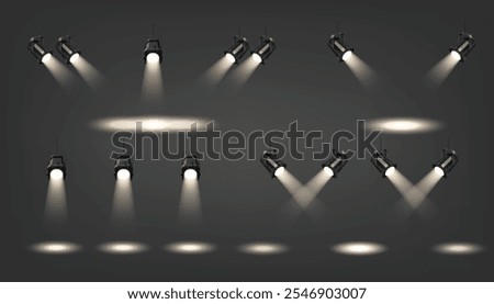 Professional stage spotlights with various beam configurations. Realistic 3d vector focused illumination patterns. Different mounting angles setup for performances and concerts lighting effects.