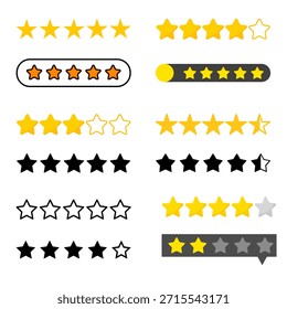 Conjunto de iconos de clasificación de estrellas de Profesional con estilos rellenos y delineados, ideal para reseñas de Clientes, calificaciones de productos, sistemas de Comentarios y plataformas de comercio electrónico.
