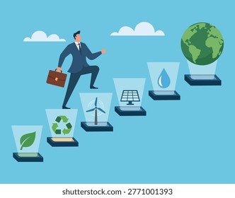 A professional steps up a staircase of eco-icons like solar and wind power to reach a globe, representing the journey towards global business sustainability
