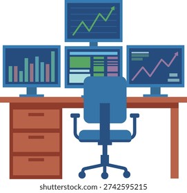Professional Stock Trading Workspace with Computer Desk Vector Illustration