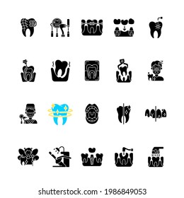 Professional Stomatology Black Glyph Icons Set On White Space. Dental Procedures. Dental Treatment Instruments. Caries Treatment. Family Orthodontics. Silhouette Symbols. Vector Isolated Illustration