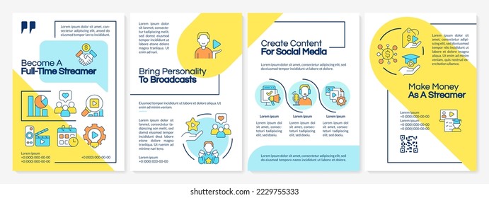 Professional streamer career blue and yellow brochure template. Leaflet design with linear icons. Editable 4 vector layouts for presentation, annual reports. Questrial, Lato-Regular fonts used