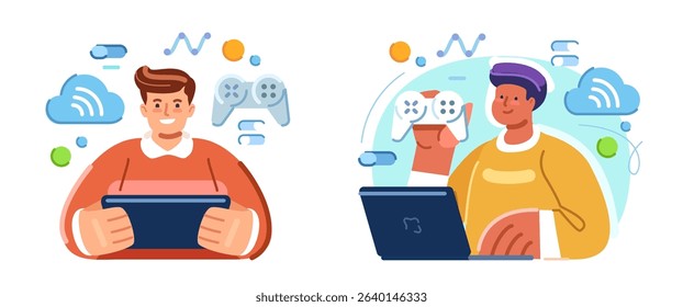 Professional streamer young man using laptop. Video cyber gamer with gamepad