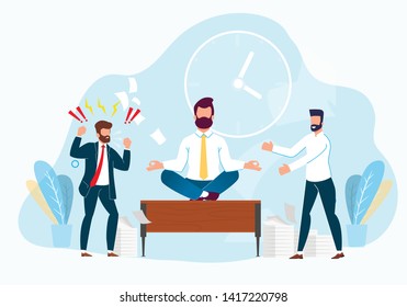 Professional Stress Management at Work Cartoon. Subordinate Laughs at Boss in Anger. Managing Emotions Workplace Resolves Conflict Situations. Vector Illustration. Office Worker Relaxes Workplace.