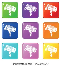 Professional studio flash icons set 9 color collection isolated on white for any design