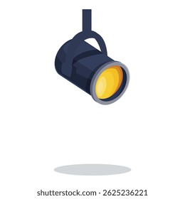 Professional studio light hanging up and giving warm yellow light