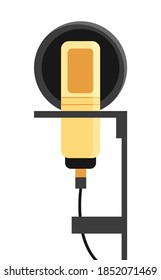 Professional studio microphone with pop filter on a special stand vector illustration flat design. Technology object sound recording equipment concept studio yellow microphone and black pop