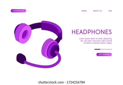 Professional studio on-ear headphones with round ear pads and a built-in microphone hang above the surface and cast a shadow. Vector isometric illustration in purple colors on a white background.