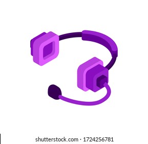 Professional studio on-ear headphones with square ear pads and a built-in microphone hang above the surface and cast a shadow. Vector isometric illustration in violet colors on a white background.