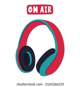 Auriculares de estudio profesional sobre los oídos con grandes almohadillas para los oídos. Equipo para podcasting, escuchar música, aprendizaje en línea, trabajo a distancia. Ilustración vectorial plana aislada en fondo blanco.