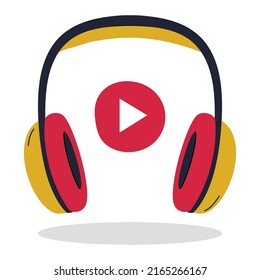 Professional studio over-ear headphones with large ear pads. Red button Play between headphones. Equipment for , listening to music, podcast. Flat vector illustration isolated on white background.