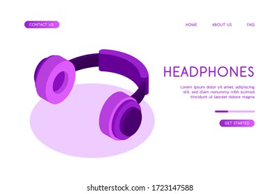 Professional studio over-ear headphones with round ear pads hang above the surface and cast a shadow. Vector isometric illustration in violet colors on a white background.