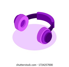 Professionelle Studio-Ohrkopfhörer mit runden Ohrpolstern hängen über der Oberfläche und werfen einen Schatten. Vector isometrische Darstellung in violetten Farben auf weißem Hintergrund.