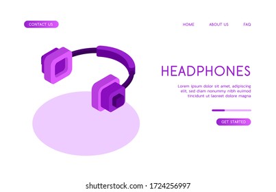 Auriculares de estudio profesional sobre los oídos con almohadillas cuadradas cuelgan sobre la superficie y proyectan una sombra. Ilustración vectorial isométrica en colores violeta sobre fondo blanco.