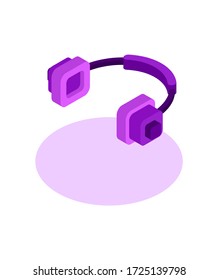 Professional studio over-ear headphones with square ear pads hang over the surface and cast a shadow. Vector isometric illustration in violet colors on a white background.