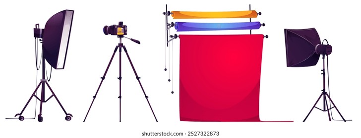 Equipamento de photoshoot estúdio profissional - fundo colorido de papel, lâmpada de iluminação com softbox no suporte tripé, câmera fotográfica. Ilustração vetorial de desenhos animados conjunto de ferramentas de trabalho nos bastidores do fotógrafo.